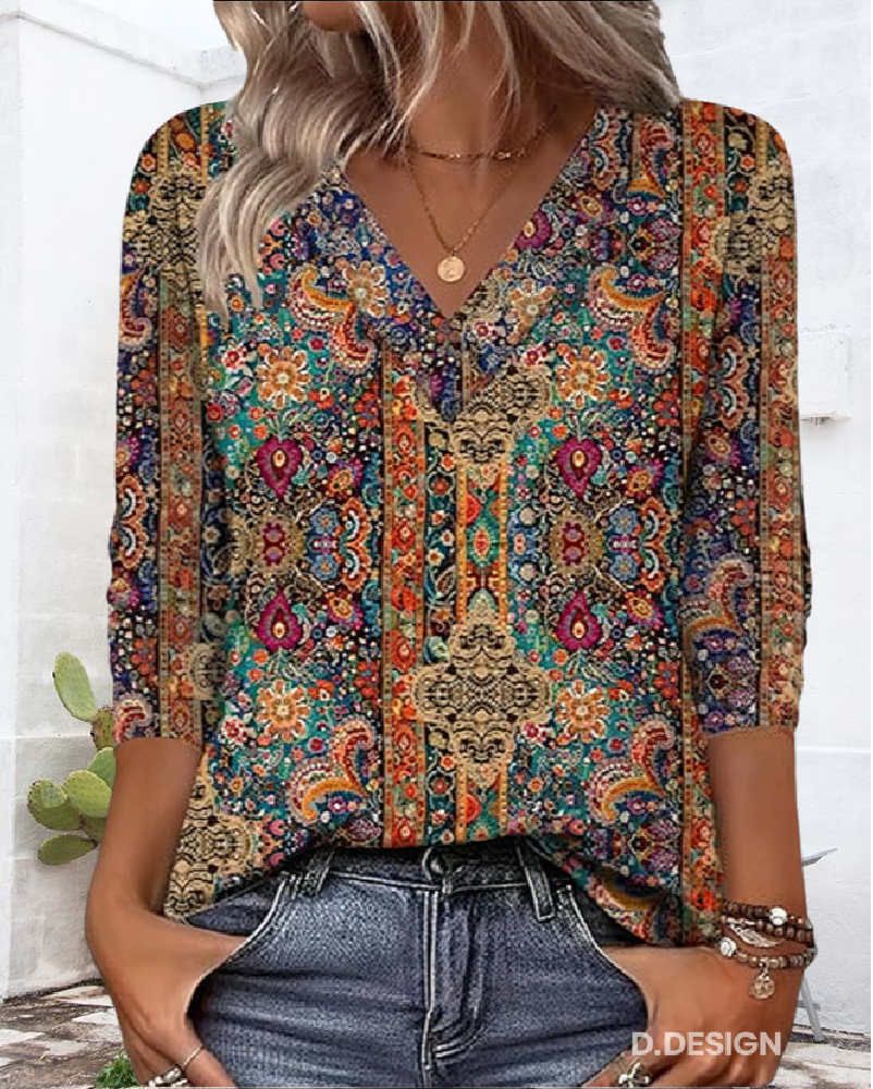Vintessa™ | Retro Printed V-Neck Blouse