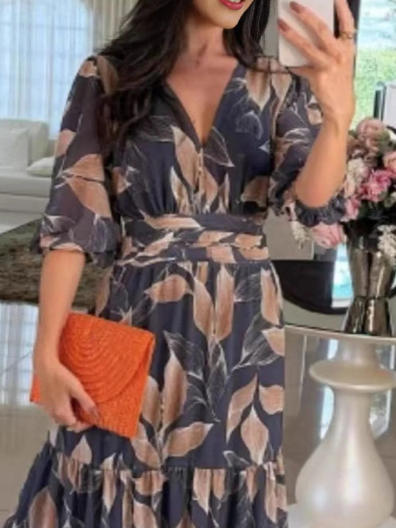 Aureva™ | Full-Size Printed V-Neck Maxi Dress with Tiered Hemline