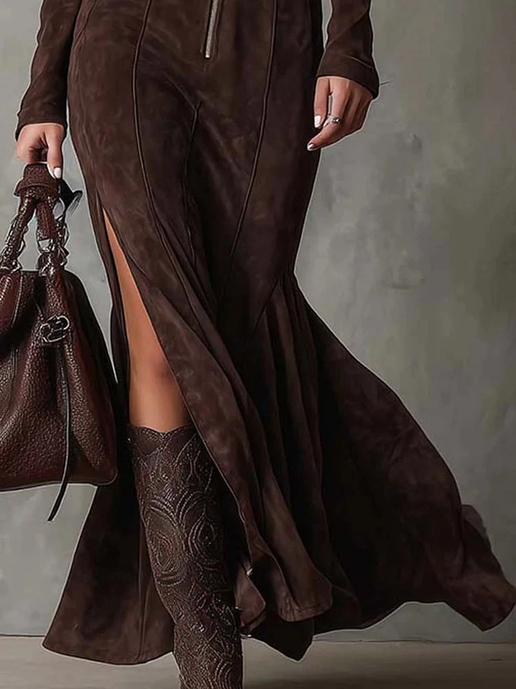 Cataina™ – Vintage Brown Maxi Dress with Belt