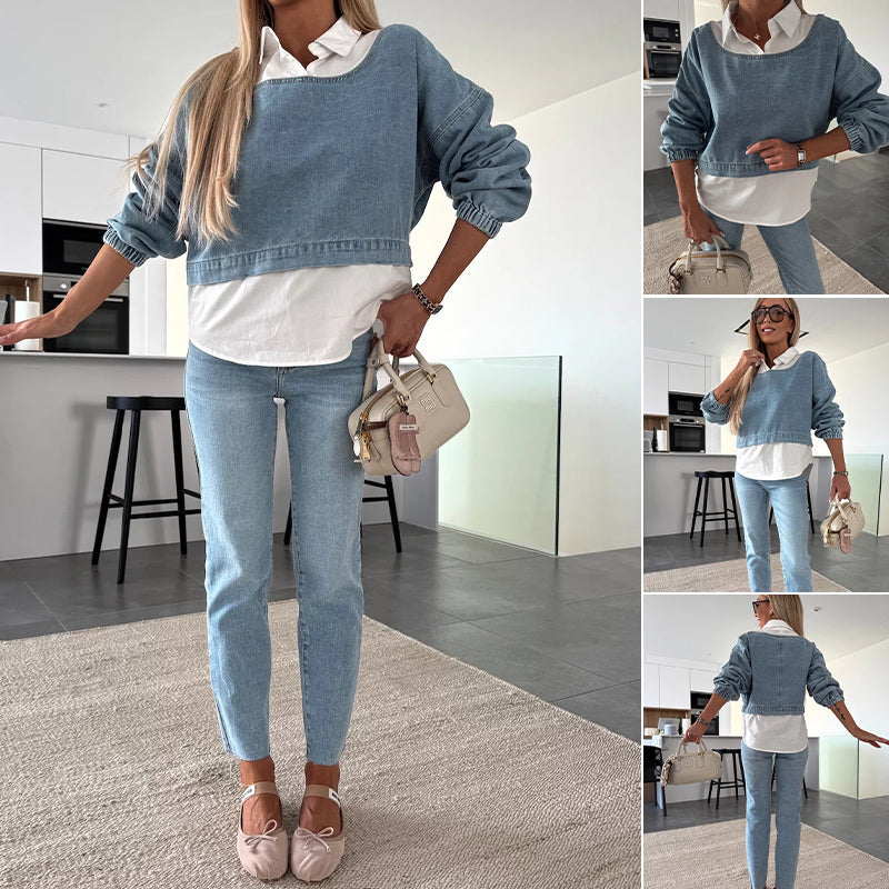 DenimMuse™ – Chic Long Sleeve Denim Two-Piece Set
