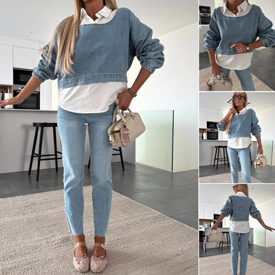 DenimMuse™ – Chic Long Sleeve Denim Two-Piece Set