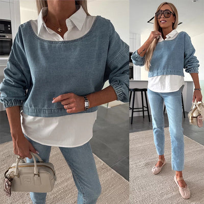 DenimMuse™ – Chic Long Sleeve Denim Two-Piece Set