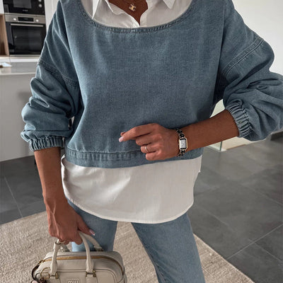 DenimMuse™ – Chic Long Sleeve Denim Two-Piece Set