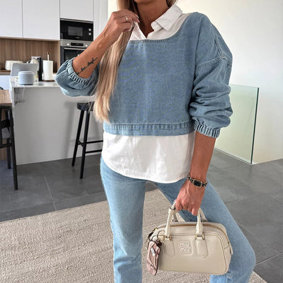 DenimMuse™ – Chic Long Sleeve Denim Two-Piece Set