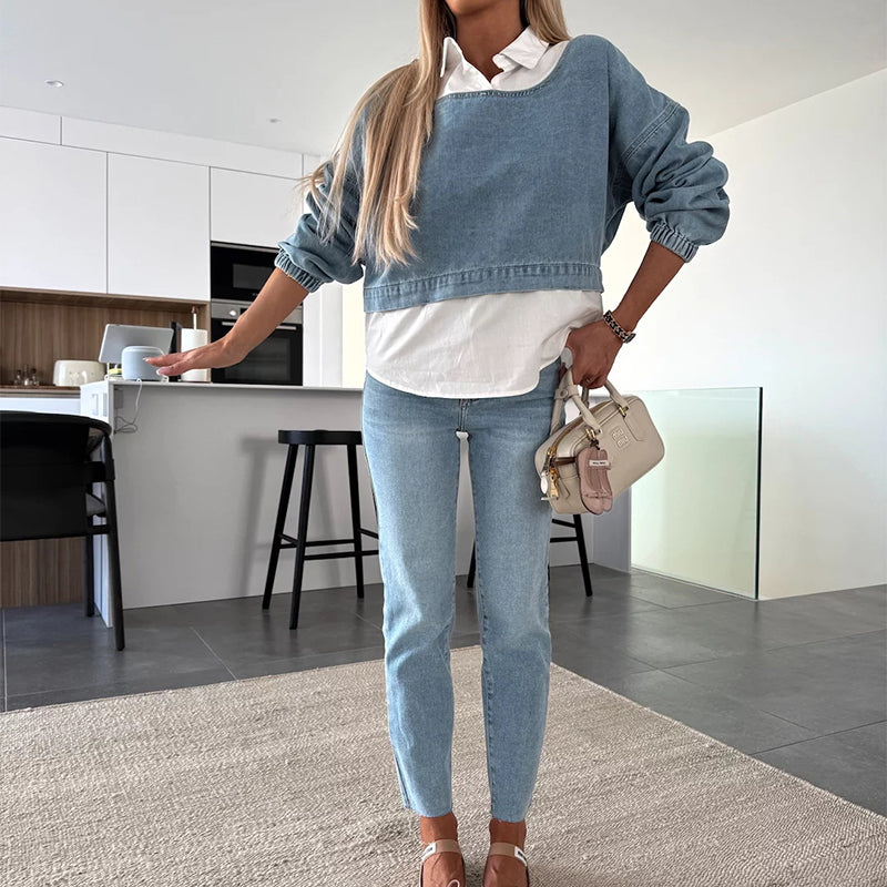 DenimMuse™ – Chic Long Sleeve Denim Two-Piece Set