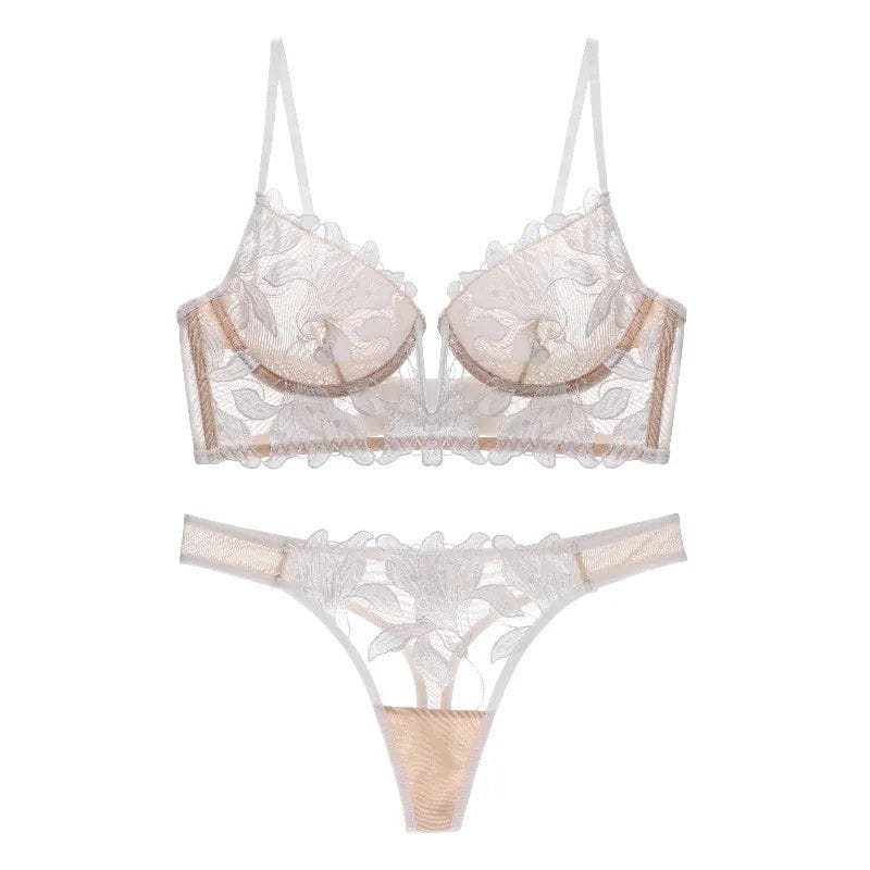Darcy - Lace Embroidery Deep V Bra And Panty Set