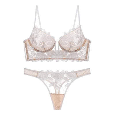 Darcy - Lace Embroidery Deep V Bra And Panty Set